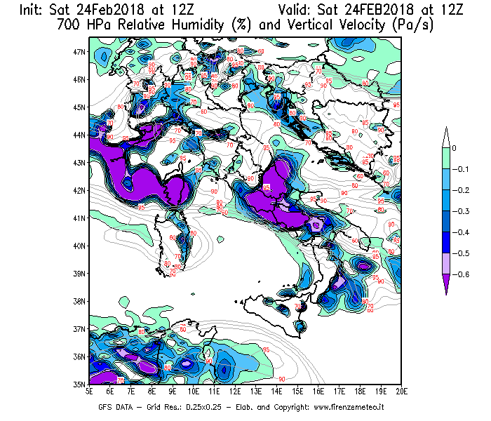 Mappa di analisi GFS - Umidità relativa [%] e Omega [Pa/s] a 700 hPa in Italia
							del 24/02/2018 12 <!--googleoff: index-->UTC<!--googleon: index-->