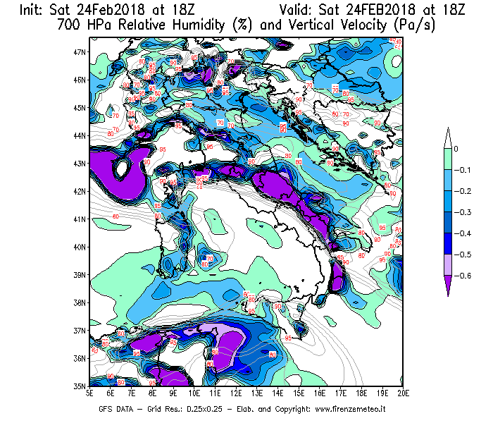 Mappa di analisi GFS - Umidità relativa [%] e Omega [Pa/s] a 700 hPa in Italia
							del 24/02/2018 18 <!--googleoff: index-->UTC<!--googleon: index-->