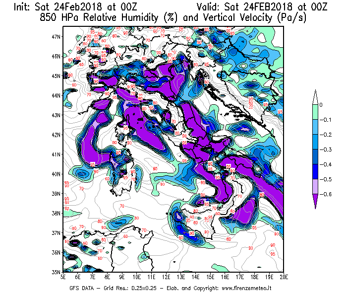 Mappa di analisi GFS - Umidità relativa [%] e Omega [Pa/s] a 850 hPa in Italia
							del 24/02/2018 00 <!--googleoff: index-->UTC<!--googleon: index-->