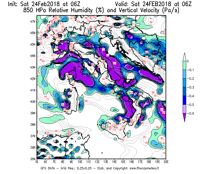 Mappa di analisi GFS - Umidità relativa [%] e Omega [Pa/s] a 850 hPa in Italia
							del 24/02/2018 06 <!--googleoff: index-->UTC<!--googleon: index-->