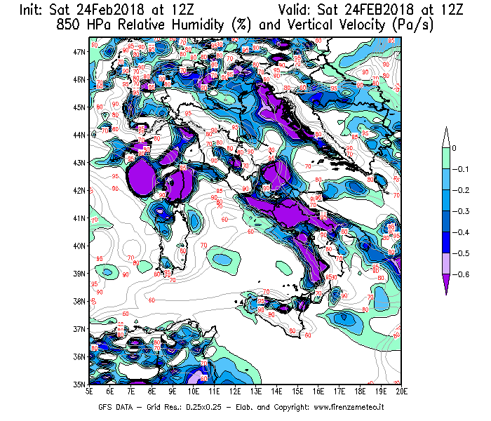 Mappa di analisi GFS - Umidità relativa [%] e Omega [Pa/s] a 850 hPa in Italia
							del 24/02/2018 12 <!--googleoff: index-->UTC<!--googleon: index-->