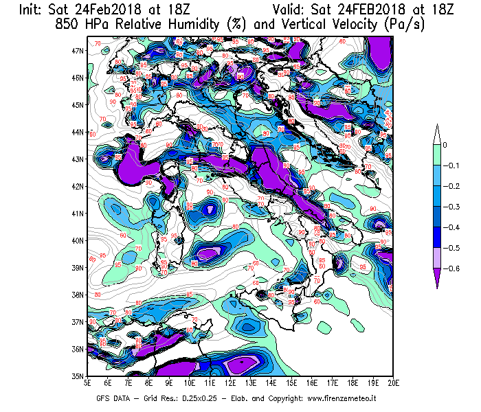 Mappa di analisi GFS - Umidità relativa [%] e Omega [Pa/s] a 850 hPa in Italia
							del 24/02/2018 18 <!--googleoff: index-->UTC<!--googleon: index-->