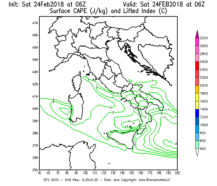 Mappa di analisi GFS - CAPE [J/kg] e Lifted Index [°C] in Italia
							del 24/02/2018 06 <!--googleoff: index-->UTC<!--googleon: index-->