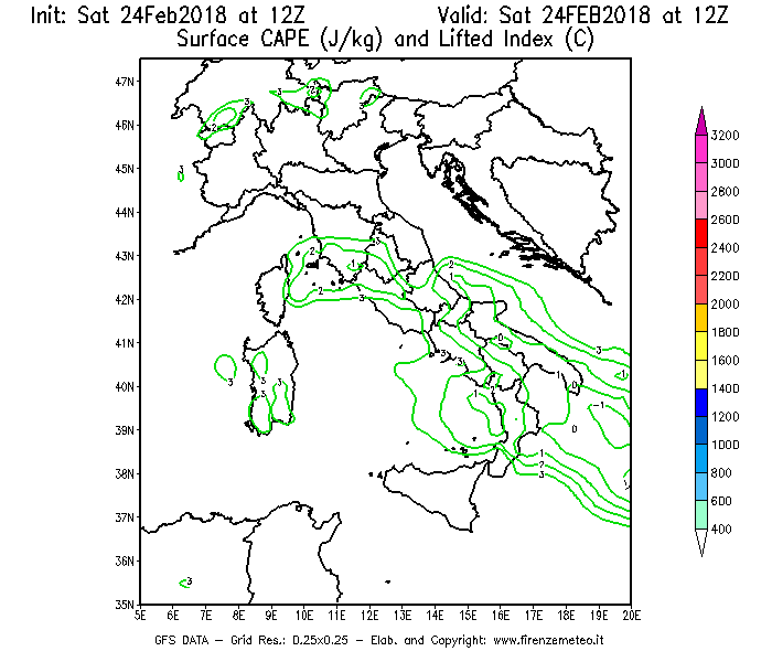 Mappa di analisi GFS - CAPE [J/kg] e Lifted Index [°C] in Italia
							del 24/02/2018 12 <!--googleoff: index-->UTC<!--googleon: index-->