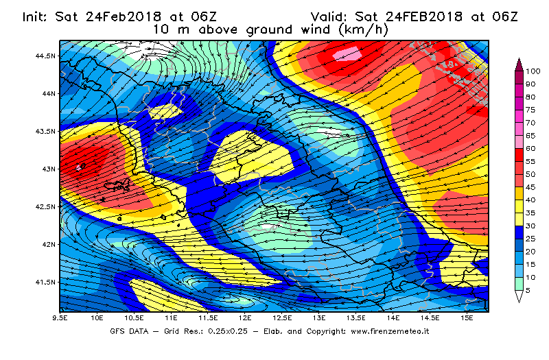 Mappa di analisi GFS - Velocità del vento a 10 metri dal suolo [km/h] in Centro-Italia
							del 24/02/2018 06 <!--googleoff: index-->UTC<!--googleon: index-->