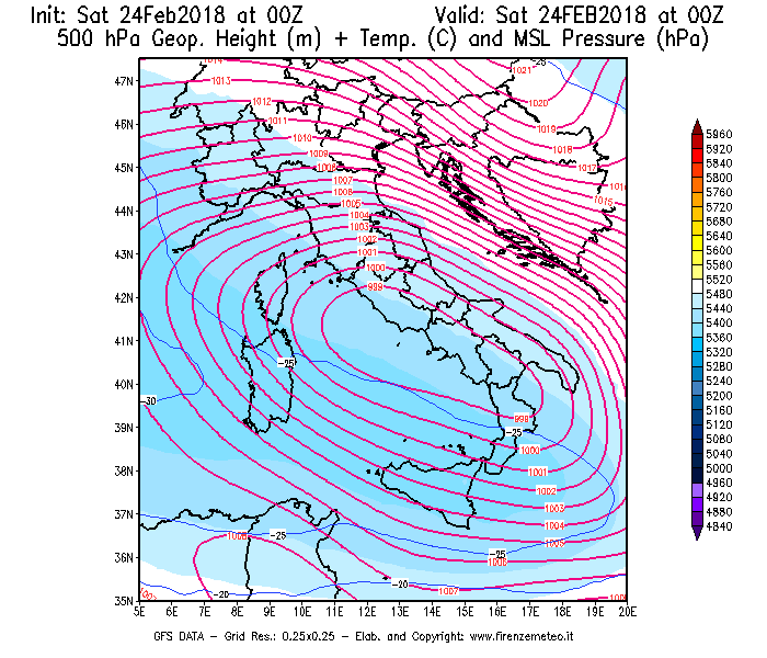 Mappa di analisi GFS - Geopotenziale [m] + Temp. [°C] a 500 hPa + Press. a livello del mare [hPa] in Italia
							del 24/02/2018 00 <!--googleoff: index-->UTC<!--googleon: index-->