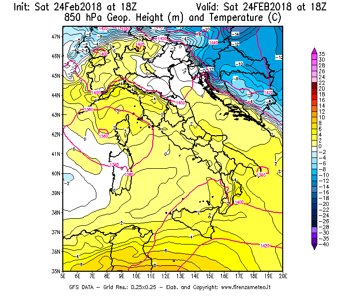 Mappa di analisi GFS - Geopotenziale [m] e Temperatura [°C] a 850 hPa in Italia
							del 24/02/2018 18 <!--googleoff: index-->UTC<!--googleon: index-->