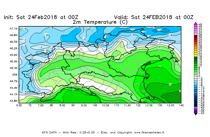Mappa di analisi GFS - Temperatura a 2 metri dal suolo [°C] in Nord-Italia
							del 24/02/2018 00 <!--googleoff: index-->UTC<!--googleon: index-->