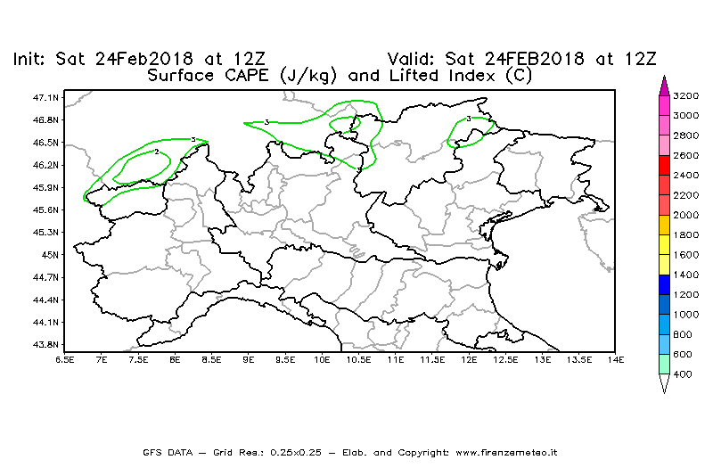 Mappa di analisi GFS - CAPE [J/kg] e Lifted Index [°C] in Nord-Italia
							del 24/02/2018 12 <!--googleoff: index-->UTC<!--googleon: index-->