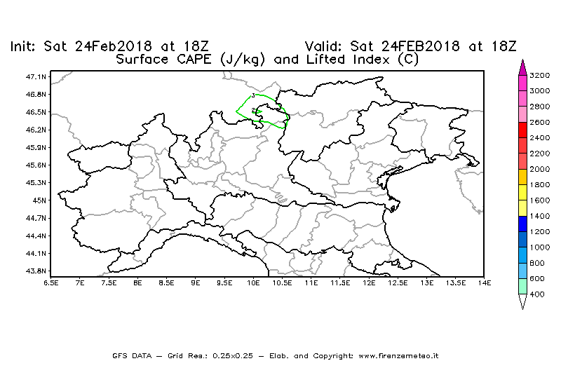 Mappa di analisi GFS - CAPE [J/kg] e Lifted Index [°C] in Nord-Italia
							del 24/02/2018 18 <!--googleoff: index-->UTC<!--googleon: index-->