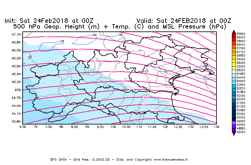 Mappa di analisi GFS - Geopotenziale [m] + Temp. [°C] a 500 hPa + Press. a livello del mare [hPa] in Nord-Italia
							del 24/02/2018 00 <!--googleoff: index-->UTC<!--googleon: index-->
