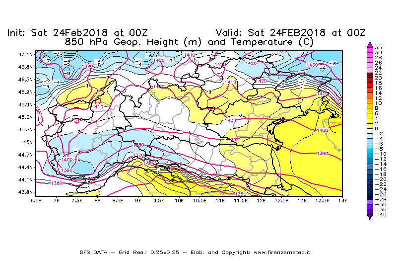 Mappa di analisi GFS - Geopotenziale [m] e Temperatura [°C] a 850 hPa in Nord-Italia
							del 24/02/2018 00 <!--googleoff: index-->UTC<!--googleon: index-->
