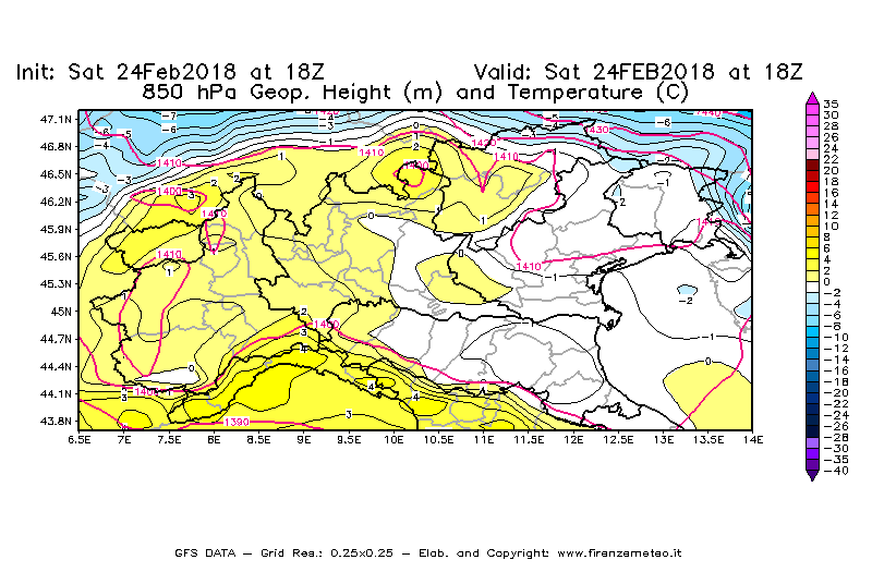 Mappa di analisi GFS - Geopotenziale [m] e Temperatura [°C] a 850 hPa in Nord-Italia
							del 24/02/2018 18 <!--googleoff: index-->UTC<!--googleon: index-->