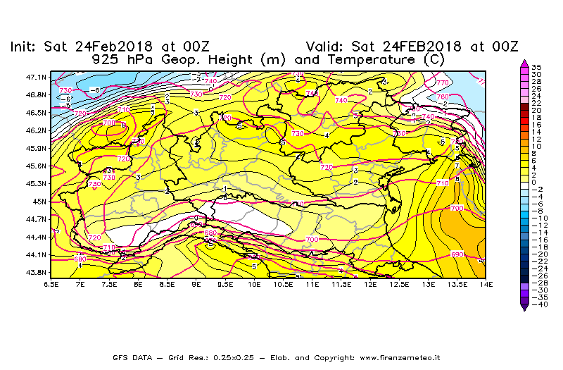 Mappa di analisi GFS - Geopotenziale [m] e Temperatura [°C] a 925 hPa in Nord-Italia
							del 24/02/2018 00 <!--googleoff: index-->UTC<!--googleon: index-->
