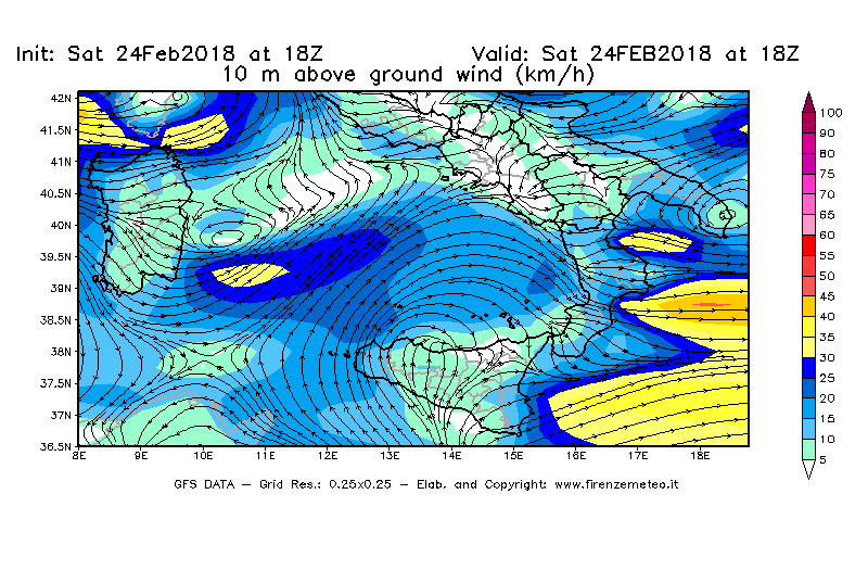 Mappa di analisi GFS - Velocità del vento a 10 metri dal suolo [km/h] in Sud-Italia
							del 24/02/2018 18 <!--googleoff: index-->UTC<!--googleon: index-->