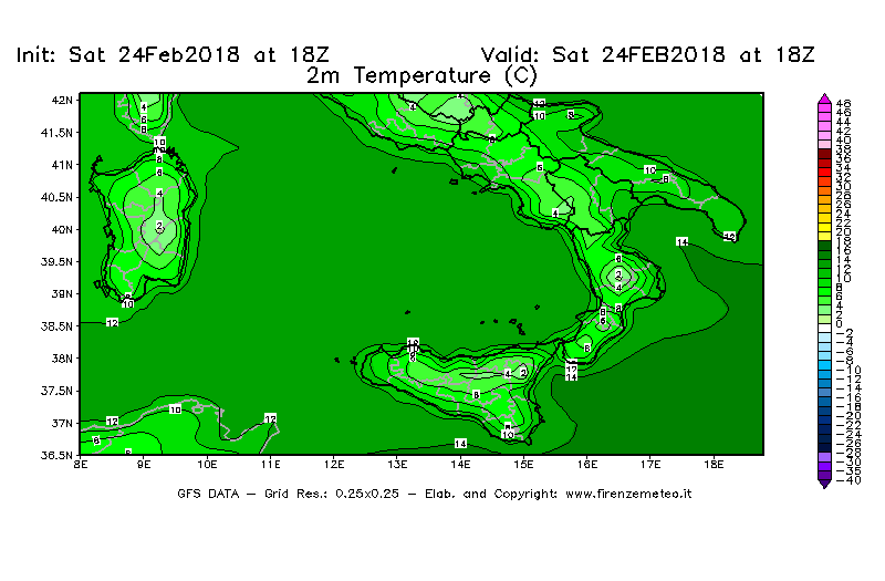 Mappa di analisi GFS - Temperatura a 2 metri dal suolo [°C] in Sud-Italia
							del 24/02/2018 18 <!--googleoff: index-->UTC<!--googleon: index-->