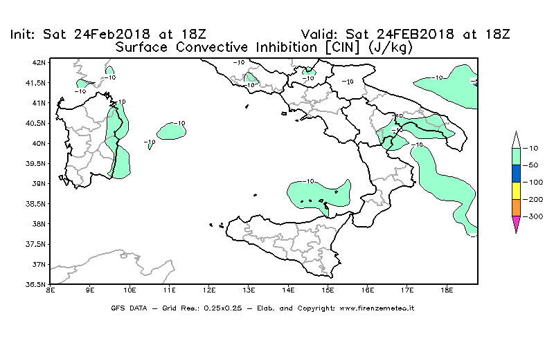 Mappa di analisi GFS - CIN [J/kg] in Sud-Italia
							del 24/02/2018 18 <!--googleoff: index-->UTC<!--googleon: index-->