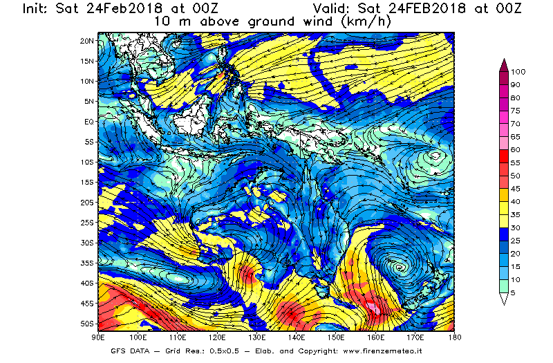 Mappa di analisi GFS - Velocità del vento a 10 metri dal suolo [km/h] in Oceania
							del 24/02/2018 00 <!--googleoff: index-->UTC<!--googleon: index-->
