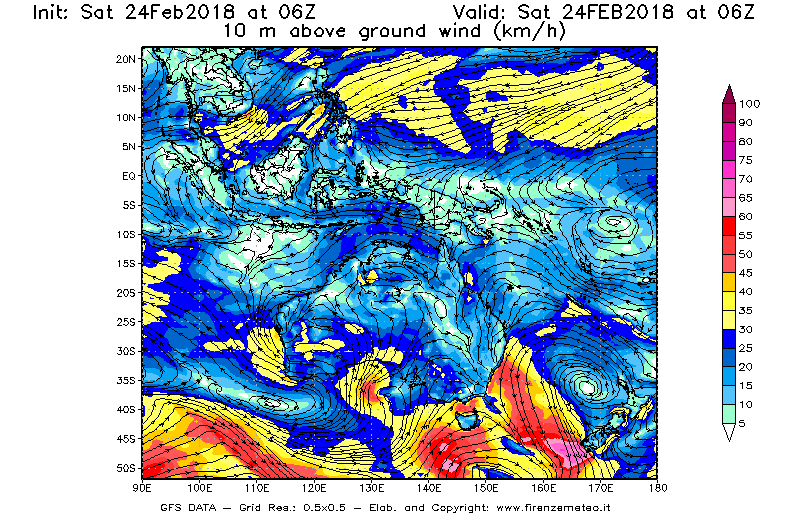 Mappa di analisi GFS - Velocità del vento a 10 metri dal suolo [km/h] in Oceania
							del 24/02/2018 06 <!--googleoff: index-->UTC<!--googleon: index-->