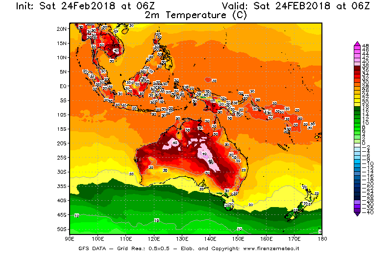 Mappa di analisi GFS - Temperatura a 2 metri dal suolo [°C] in Oceania
							del 24/02/2018 06 <!--googleoff: index-->UTC<!--googleon: index-->