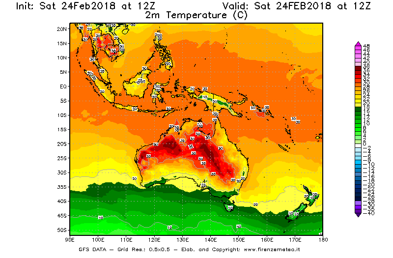 Mappa di analisi GFS - Temperatura a 2 metri dal suolo [°C] in Oceania
							del 24/02/2018 12 <!--googleoff: index-->UTC<!--googleon: index-->