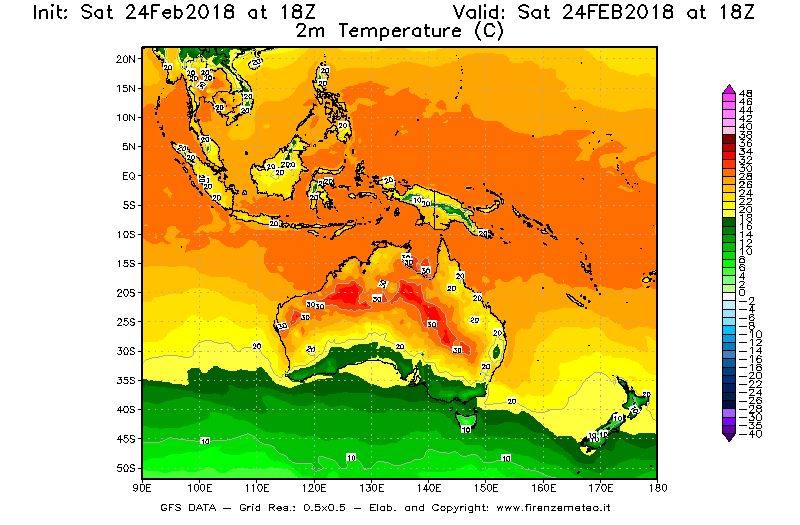 Mappa di analisi GFS - Temperatura a 2 metri dal suolo [°C] in Oceania
							del 24/02/2018 18 <!--googleoff: index-->UTC<!--googleon: index-->