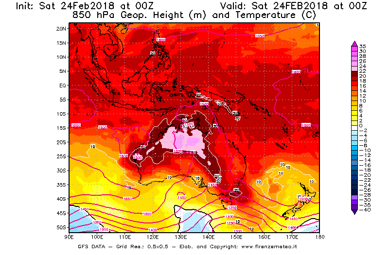 Mappa di analisi GFS - Geopotenziale [m] e Temperatura [°C] a 850 hPa in Oceania
							del 24/02/2018 00 <!--googleoff: index-->UTC<!--googleon: index-->