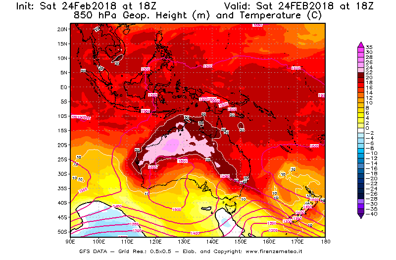 Mappa di analisi GFS - Geopotenziale [m] e Temperatura [°C] a 850 hPa in Oceania
							del 24/02/2018 18 <!--googleoff: index-->UTC<!--googleon: index-->