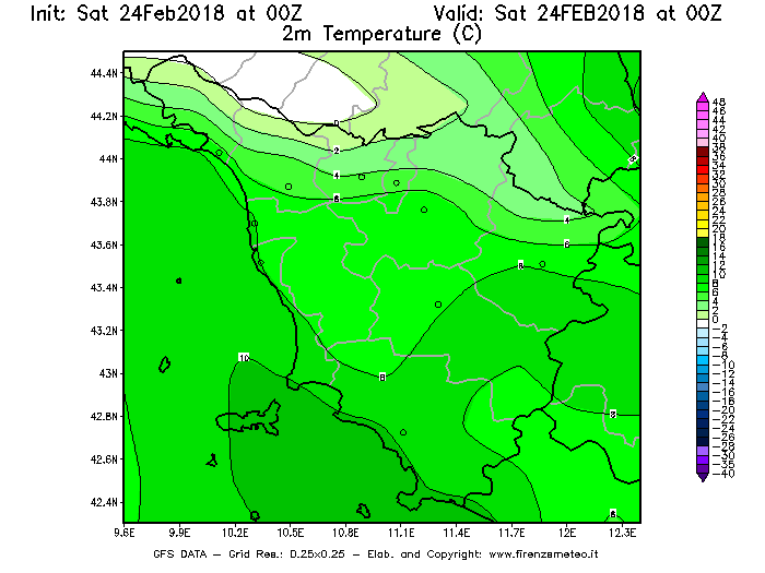Mappa di analisi GFS - Temperatura a 2 metri dal suolo [°C] in Toscana
							del 24/02/2018 00 <!--googleoff: index-->UTC<!--googleon: index-->