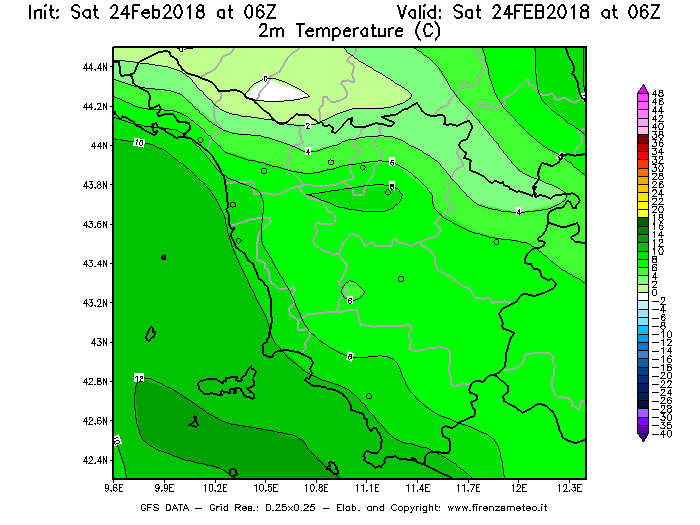 Mappa di analisi GFS - Temperatura a 2 metri dal suolo [°C] in Toscana
							del 24/02/2018 06 <!--googleoff: index-->UTC<!--googleon: index-->
