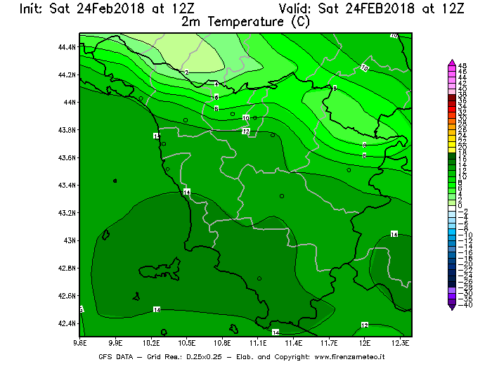 Mappa di analisi GFS - Temperatura a 2 metri dal suolo [°C] in Toscana
							del 24/02/2018 12 <!--googleoff: index-->UTC<!--googleon: index-->