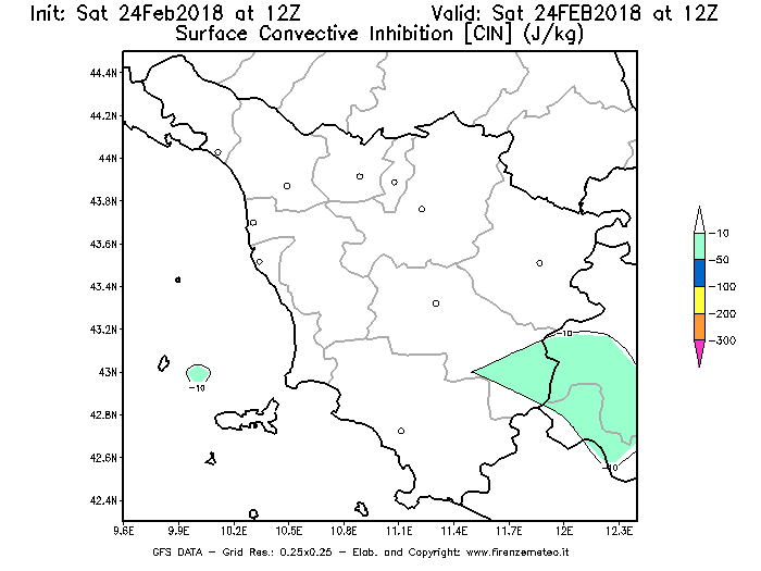 Mappa di analisi GFS - CIN [J/kg] in Toscana
							del 24/02/2018 12 <!--googleoff: index-->UTC<!--googleon: index-->