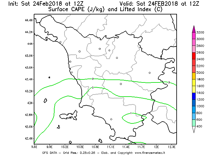 Mappa di analisi GFS - CAPE [J/kg] e Lifted Index [°C] in Toscana
							del 24/02/2018 12 <!--googleoff: index-->UTC<!--googleon: index-->
