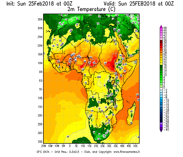 Mappa di analisi GFS - Temperatura a 2 metri dal suolo [°C] in Africa
									del 25/02/2018 00 <!--googleoff: index-->UTC<!--googleon: index-->