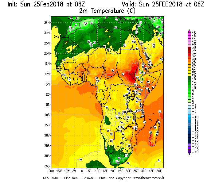 Mappa di analisi GFS - Temperatura a 2 metri dal suolo [°C] in Africa
									del 25/02/2018 06 <!--googleoff: index-->UTC<!--googleon: index-->