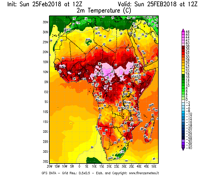 Mappa di analisi GFS - Temperatura a 2 metri dal suolo [°C] in Africa
									del 25/02/2018 12 <!--googleoff: index-->UTC<!--googleon: index-->