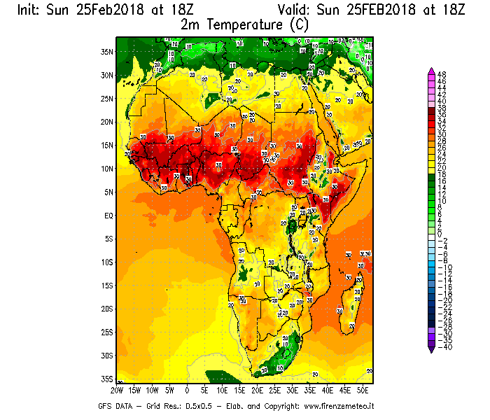 Mappa di analisi GFS - Temperatura a 2 metri dal suolo [°C] in Africa
									del 25/02/2018 18 <!--googleoff: index-->UTC<!--googleon: index-->