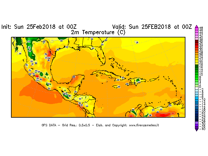 Mappa di analisi GFS - Temperatura a 2 metri dal suolo [°C] in Centro-America
									del 25/02/2018 00 <!--googleoff: index-->UTC<!--googleon: index-->
