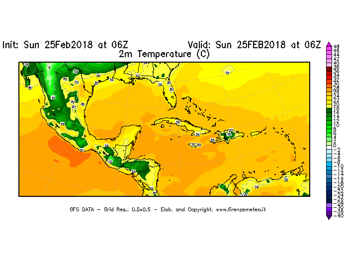 Mappa di analisi GFS - Temperatura a 2 metri dal suolo [°C] in Centro-America
									del 25/02/2018 06 <!--googleoff: index-->UTC<!--googleon: index-->