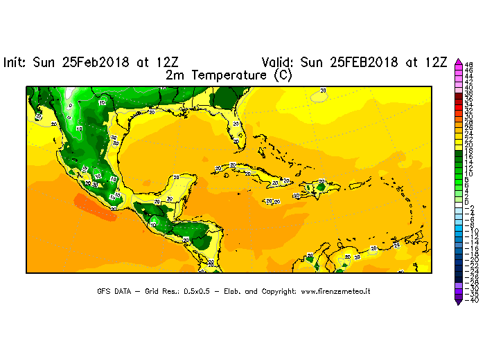 Mappa di analisi GFS - Temperatura a 2 metri dal suolo [°C] in Centro-America
									del 25/02/2018 12 <!--googleoff: index-->UTC<!--googleon: index-->