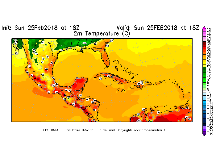 Mappa di analisi GFS - Temperatura a 2 metri dal suolo [°C] in Centro-America
									del 25/02/2018 18 <!--googleoff: index-->UTC<!--googleon: index-->