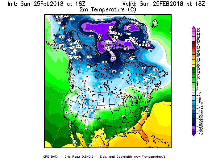 Mappa di analisi GFS - Temperatura a 2 metri dal suolo [°C] in Nord-America
									del 25/02/2018 18 <!--googleoff: index-->UTC<!--googleon: index-->