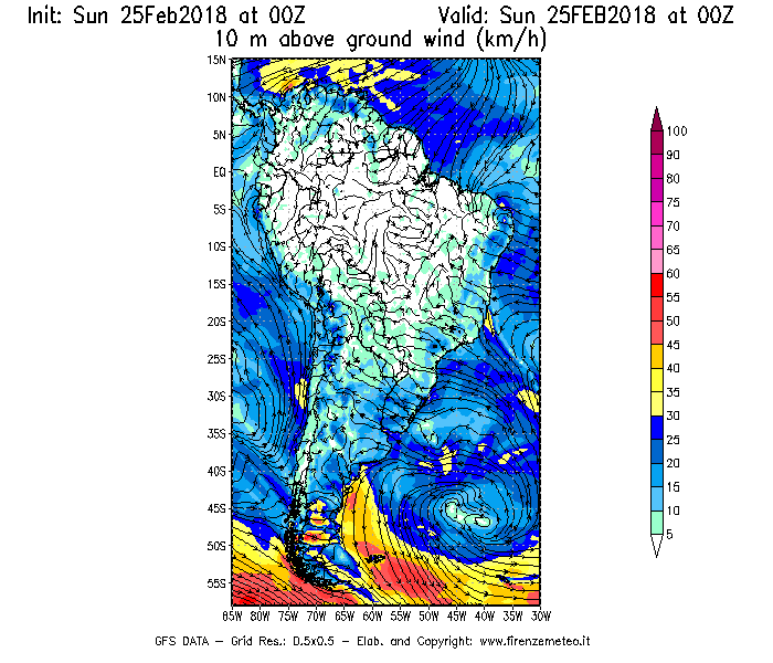 Mappa di analisi GFS - Velocità del vento a 10 metri dal suolo [km/h] in Sud-America
									del 25/02/2018 00 <!--googleoff: index-->UTC<!--googleon: index-->