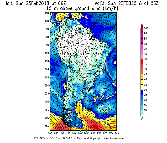 Mappa di analisi GFS - Velocità del vento a 10 metri dal suolo [km/h] in Sud-America
									del 25/02/2018 06 <!--googleoff: index-->UTC<!--googleon: index-->