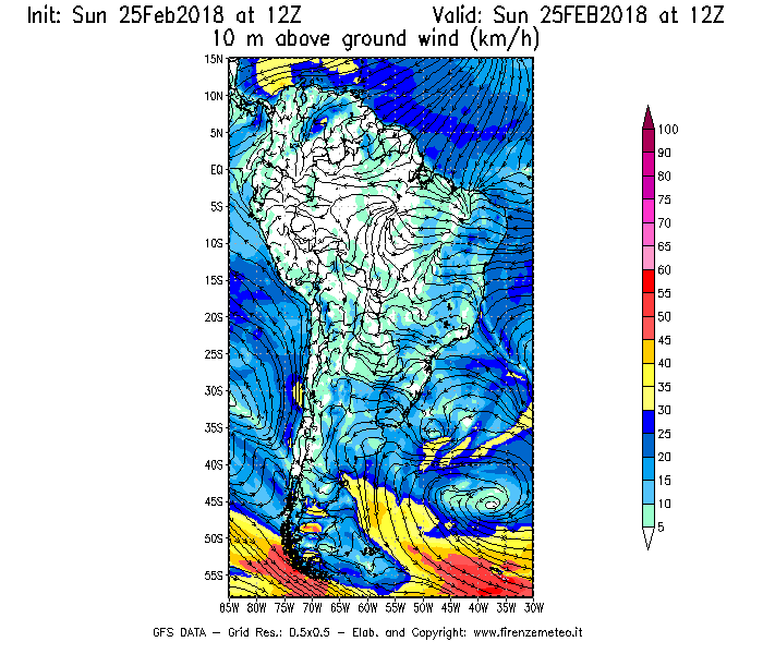 Mappa di analisi GFS - Velocità del vento a 10 metri dal suolo [km/h] in Sud-America
									del 25/02/2018 12 <!--googleoff: index-->UTC<!--googleon: index-->