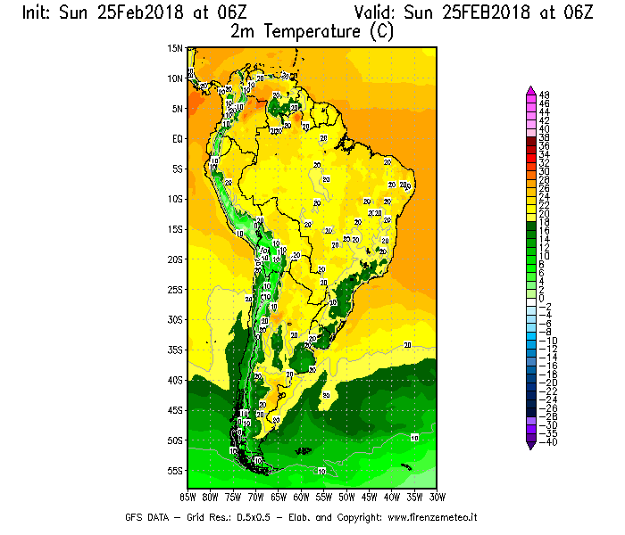 Mappa di analisi GFS - Temperatura a 2 metri dal suolo [°C] in Sud-America
									del 25/02/2018 06 <!--googleoff: index-->UTC<!--googleon: index-->