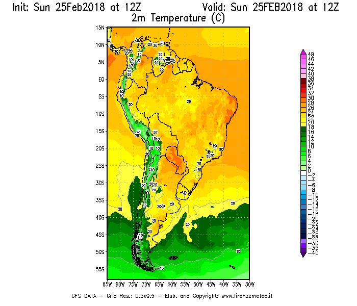 Mappa di analisi GFS - Temperatura a 2 metri dal suolo [°C] in Sud-America
									del 25/02/2018 12 <!--googleoff: index-->UTC<!--googleon: index-->