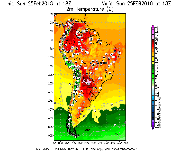 Mappa di analisi GFS - Temperatura a 2 metri dal suolo [°C] in Sud-America
									del 25/02/2018 18 <!--googleoff: index-->UTC<!--googleon: index-->