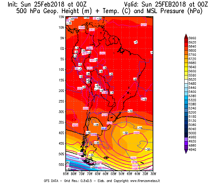Mappa di analisi GFS - Geopotenziale [m] + Temp. [°C] a 500 hPa + Press. a livello del mare [hPa] in Sud-America
									del 25/02/2018 00 <!--googleoff: index-->UTC<!--googleon: index-->