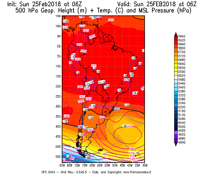 Mappa di analisi GFS - Geopotenziale [m] + Temp. [°C] a 500 hPa + Press. a livello del mare [hPa] in Sud-America
									del 25/02/2018 06 <!--googleoff: index-->UTC<!--googleon: index-->